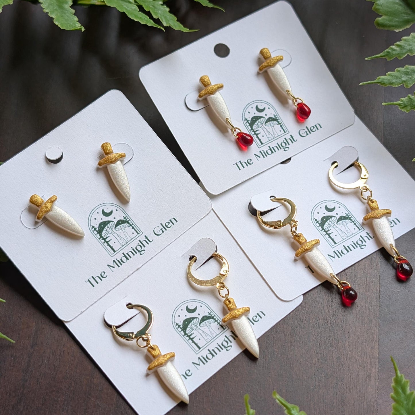 Handmade White and Gold Dagger Earrings, Polymer Clay and Stainless Steel Stud or Huggy Hoop