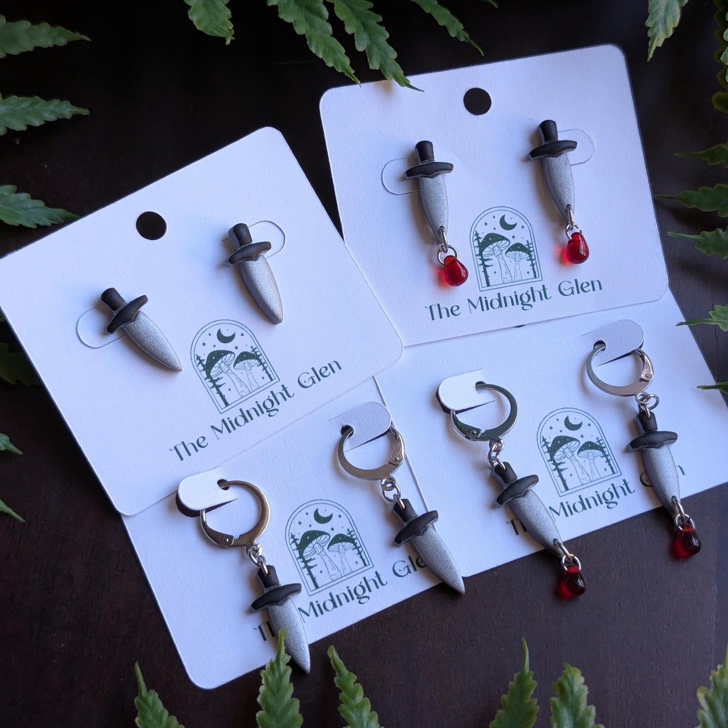 Handmade Silver and Black Dagger Earrings, Polymer Clay and Stainless Steel Stud or Huggy Hoop