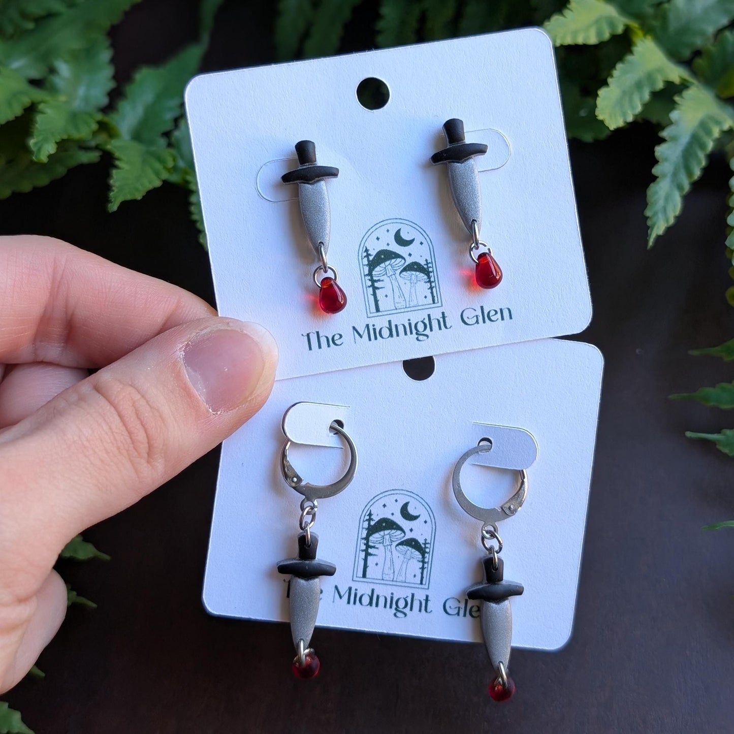 Handmade Silver and Black Dagger Earrings, Polymer Clay and Stainless Steel Stud or Huggy Hoop