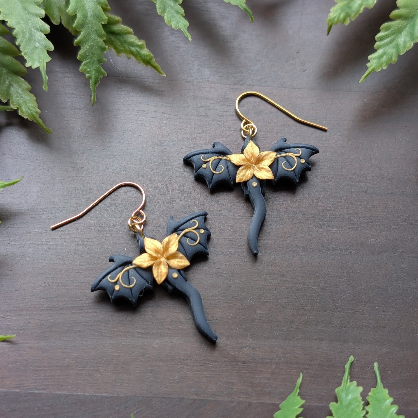 Navy and Gold Floral Dragon Dangle Earrings