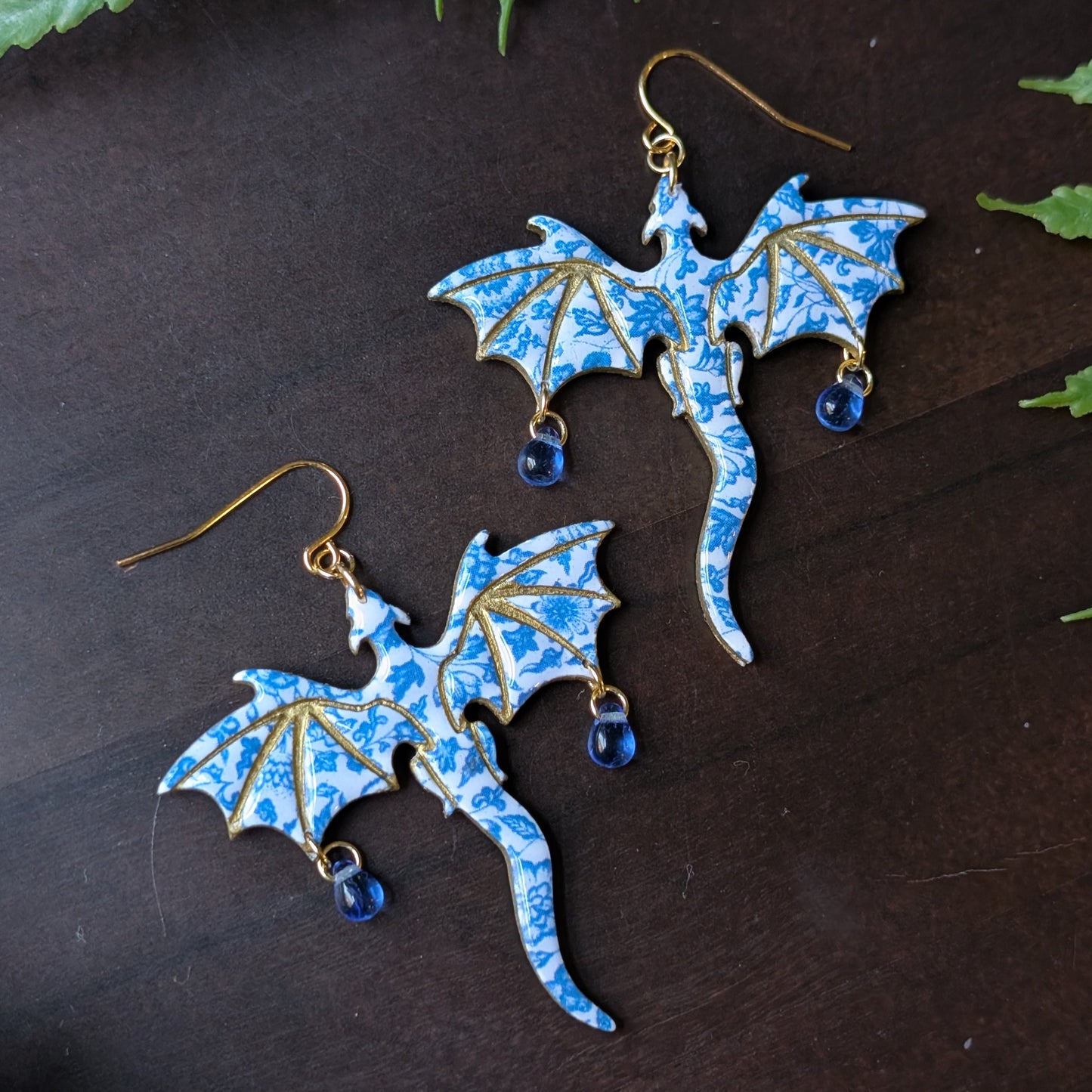 Large Blue Floral Dragon Dangle Earrings