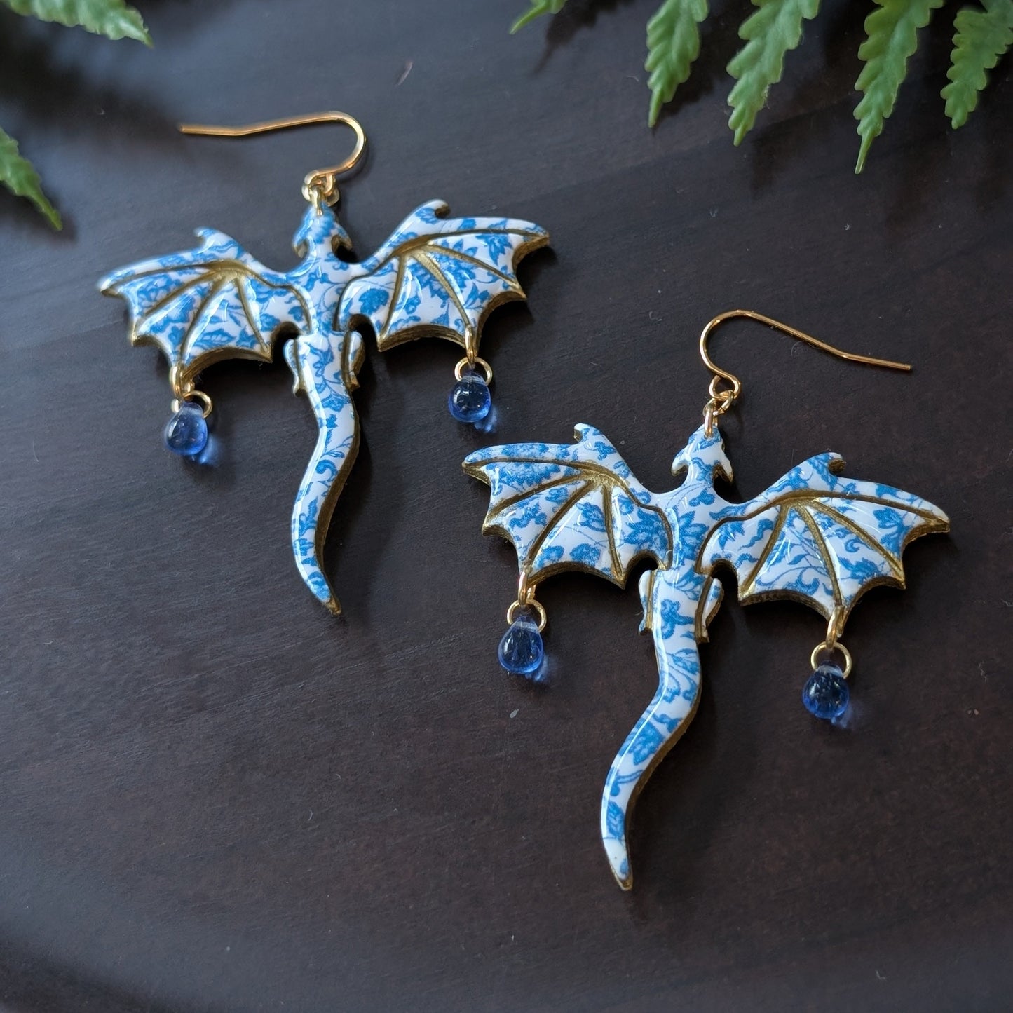 Large Blue Floral Dragon Dangle Earrings