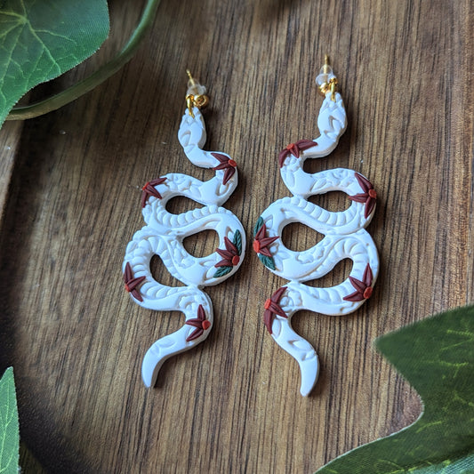 Floral Snake Studs - White and Red