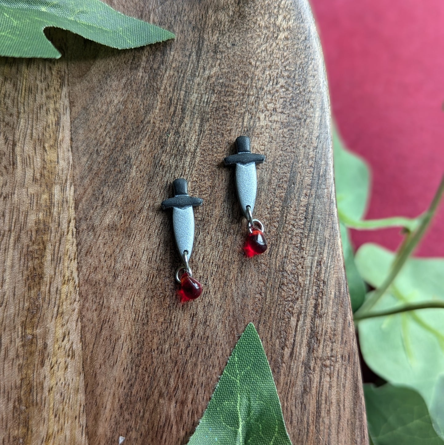 Silver Dagger Studs with Blood Drop