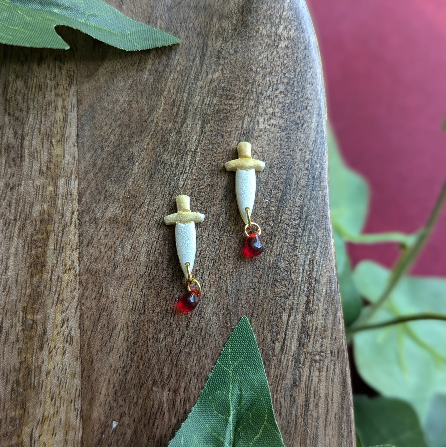 Gold Dagger Studs with Blood Drop