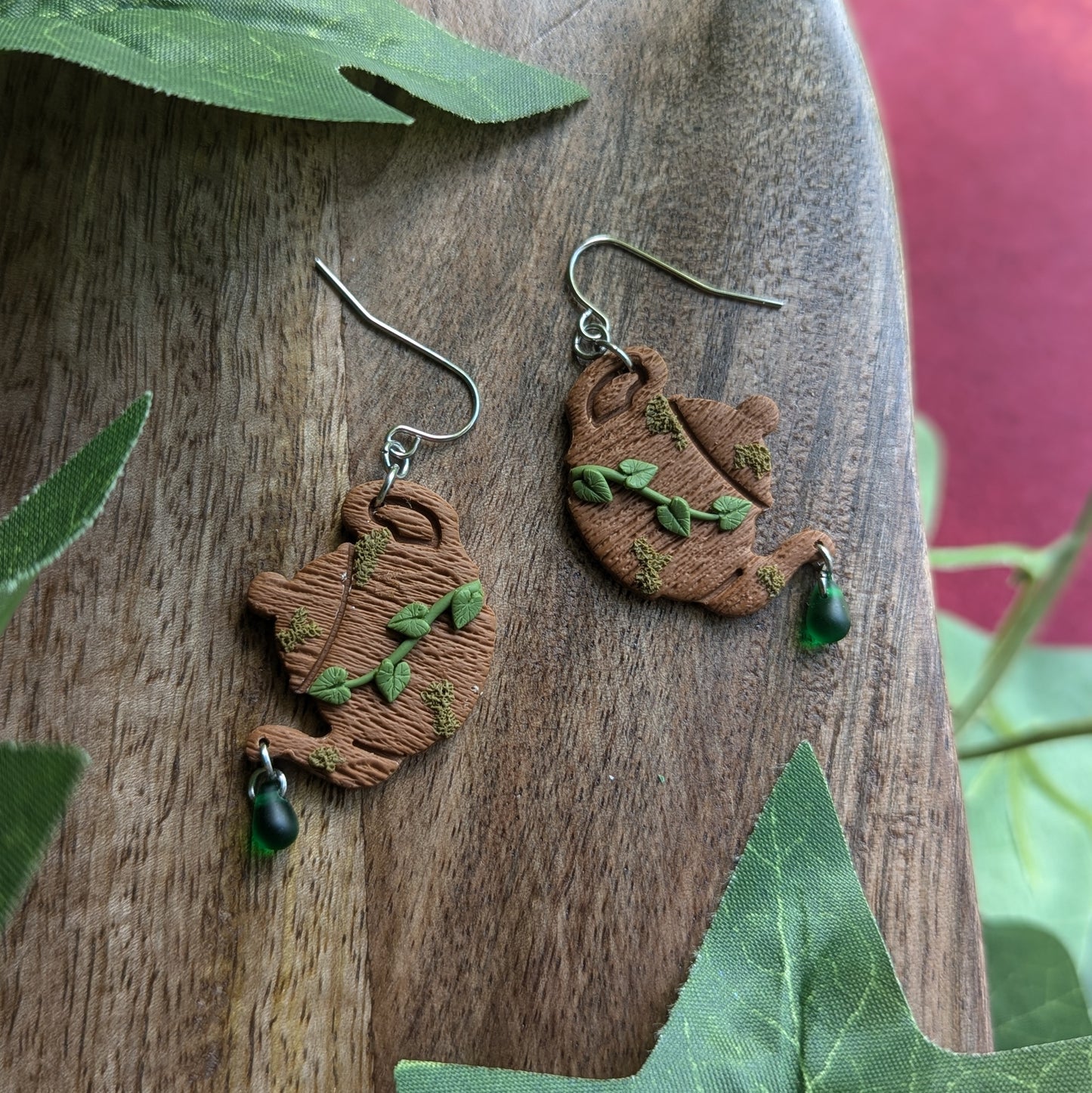 Wooden Teapot Dangles with Czech glass beads