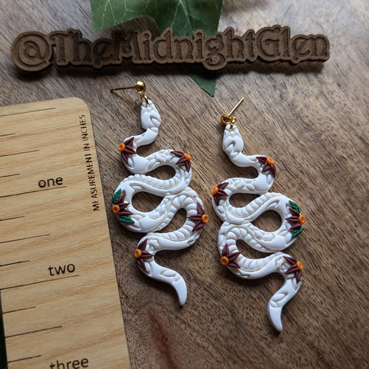 Floral Snake Studs - White and Red