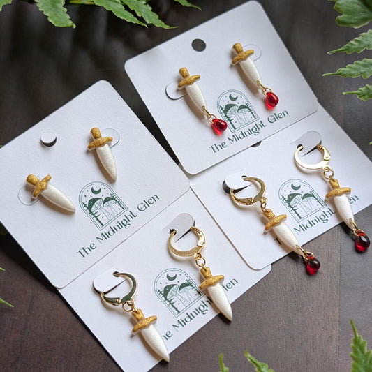 Handmade White and Gold Dagger Earrings, Polymer Clay and Stainless Steel Stud or Huggy Hoop