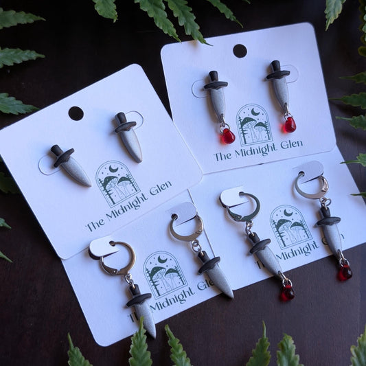 Handmade Silver and Black Dagger Earrings, Polymer Clay and Stainless Steel Stud or Huggy Hoop