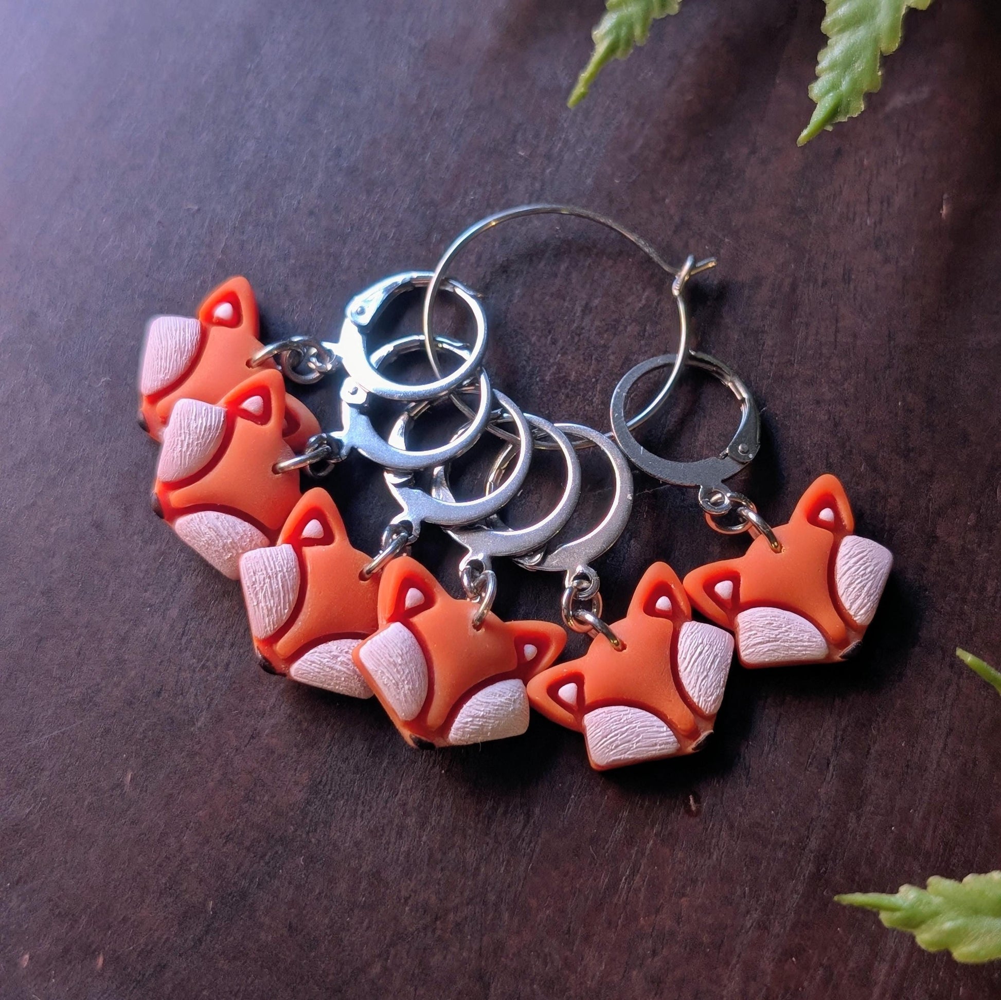 Fox Head Stitch Markers, Set of 6 - Handmade Polymer Clay and Stainless Steel