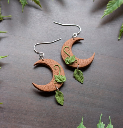 Wooden Moon Dangle Earrings
