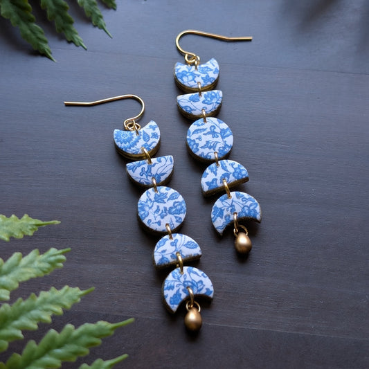 Blue Floral and Gold Moon Phase Dangle Earrings