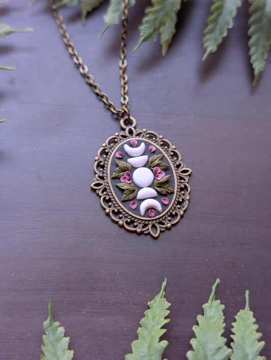 Floral Moon Phase Brass Pendant