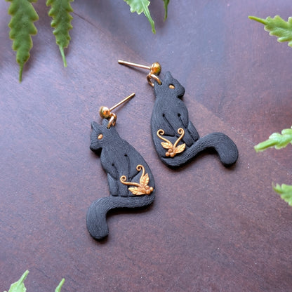 Floral Black Cat Dangle Earrings