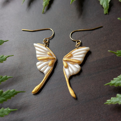 White and Gold Moth Wing Dangle Earrings