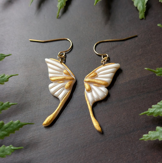 White and Gold Moth Wing Dangle Earrings