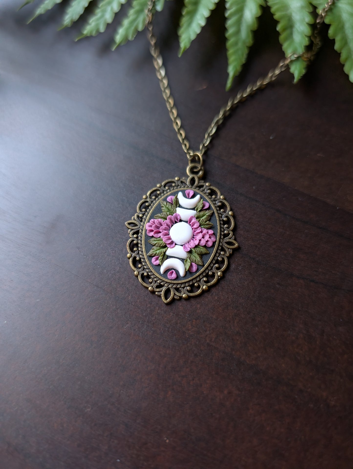 Floral Moon Phase Brass Pendant