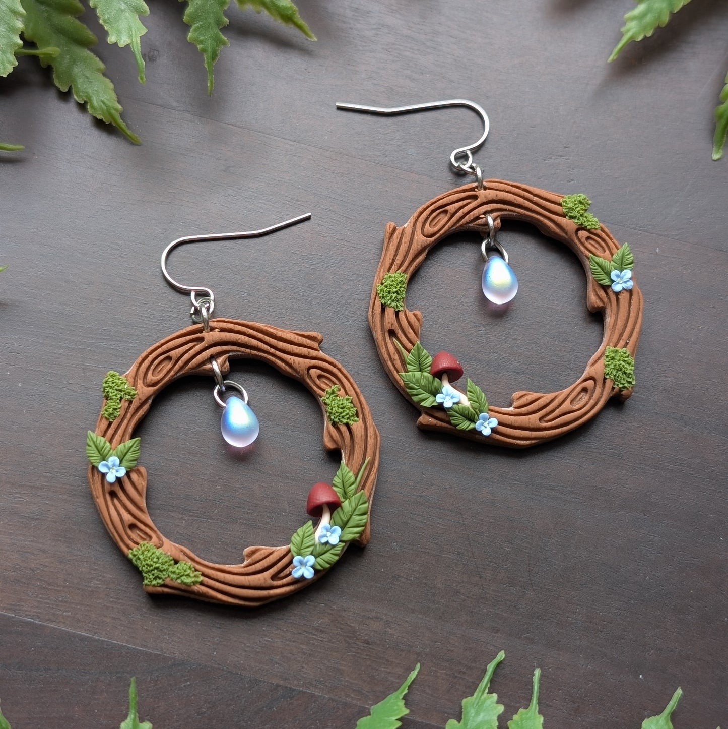 Mushroom and Floral Hoop Dangle Earrings