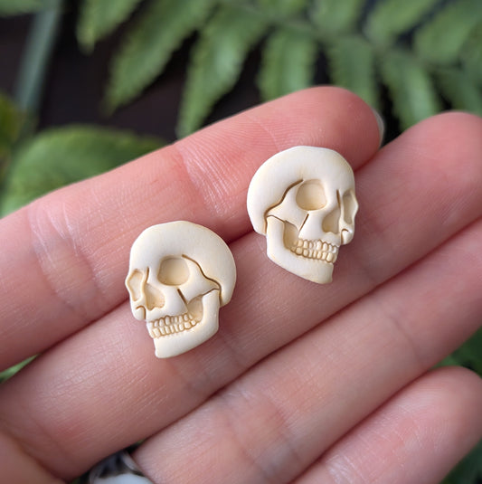 A pair of small skull-shaped stud earrings held on a person's fingers, with blurred green leaves in the background.