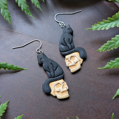 Black Cat on Skull Dangle Earrings