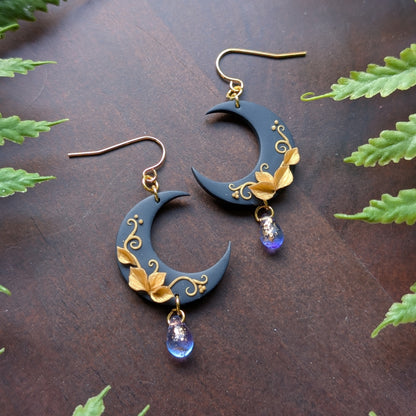 Navy and Gold Moon Dangle Earrings