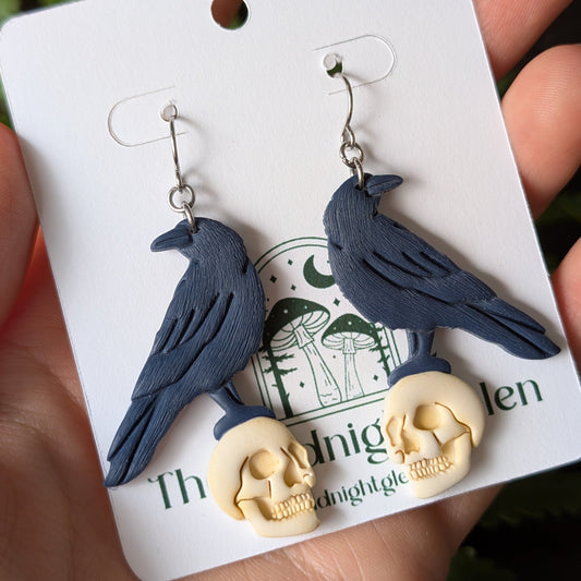 Raven on Skull Dangle Earrings