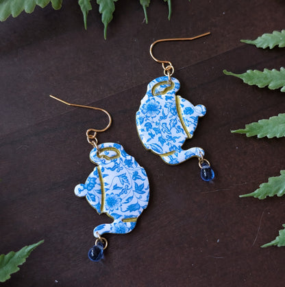 Blue Floral and Gold Teapot Dangle Earrings