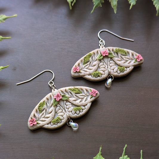 Floral Mossy Moths Dangle Earrings