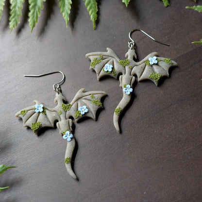 Large Mossy Dragon with Blue Flowers Dangle Earrings