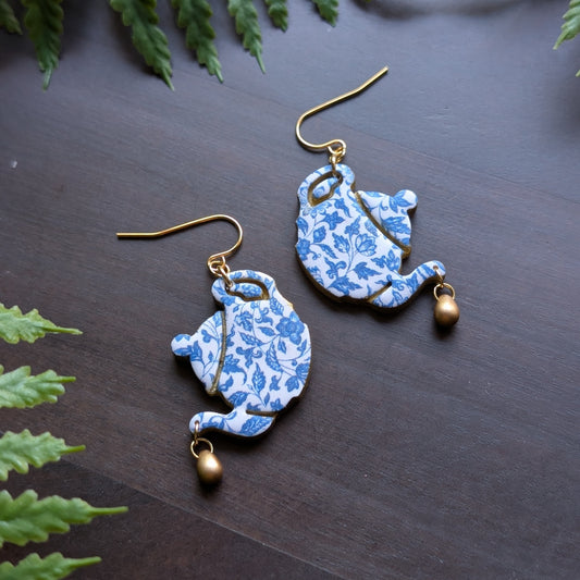 Blue Floral and Gold Teapot Dangle Earrings