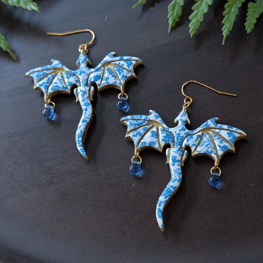 Large Blue Floral Dragon Dangle Earrings