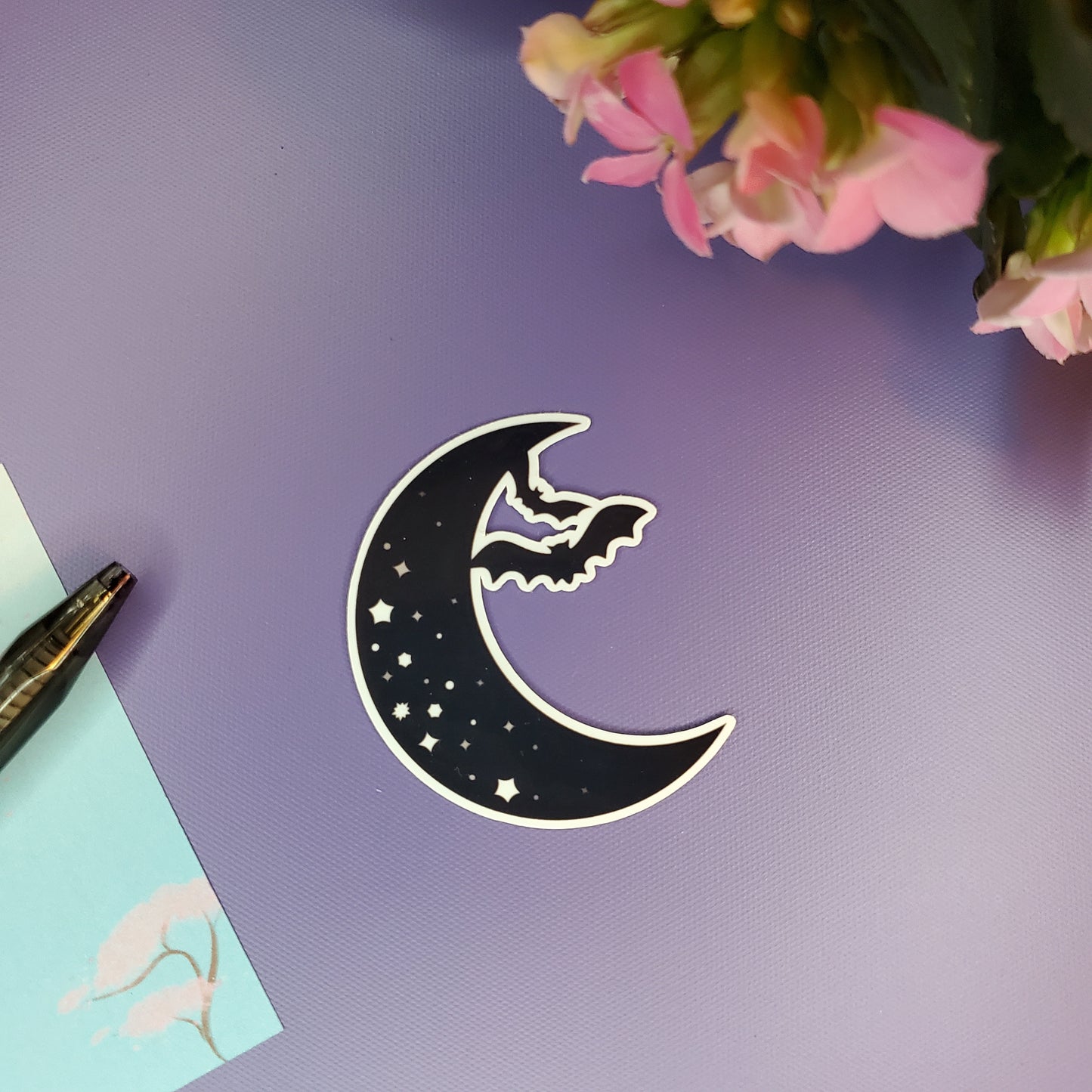 Moon, Stars, and Bats Vinyl Sticker 2 in Water Bottle and Laptop Decal