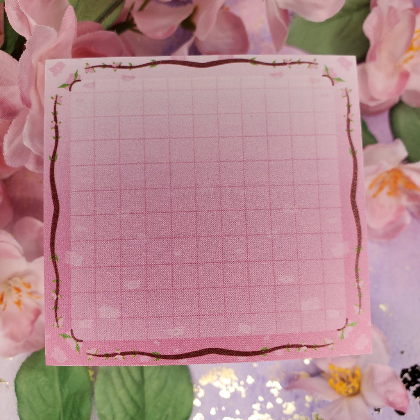 Cute Pink Cherry Blossom Branch 3x3 inch Grid Sticky Note Pad with 50 Sheets